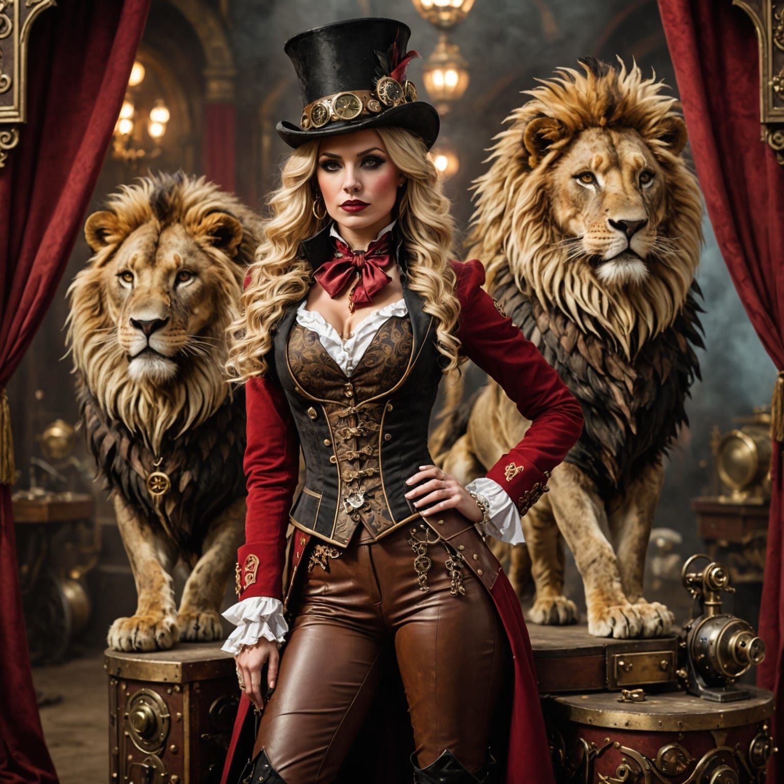 Steampunk Ringmaster Woman With Lion in Grand Circus Arena