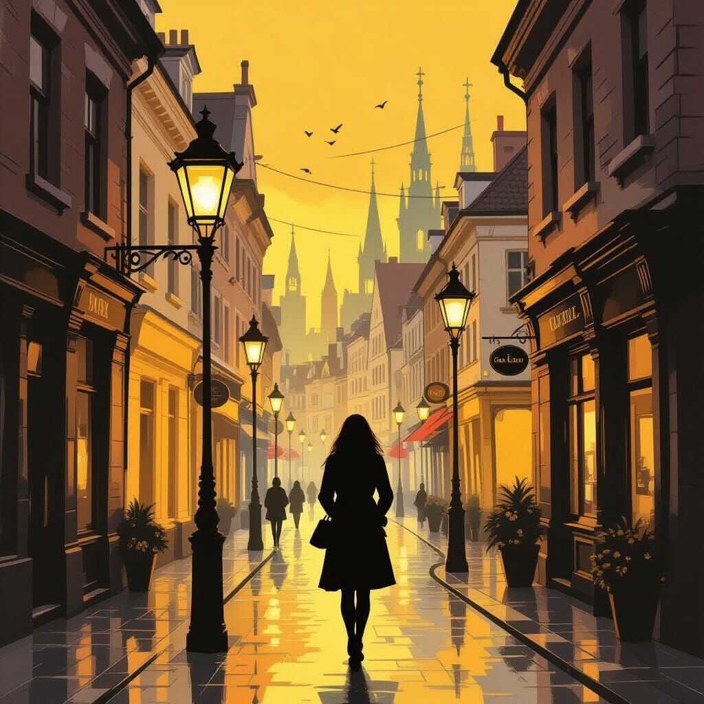 Serene Cityscape: Modern European Alcohol Painting