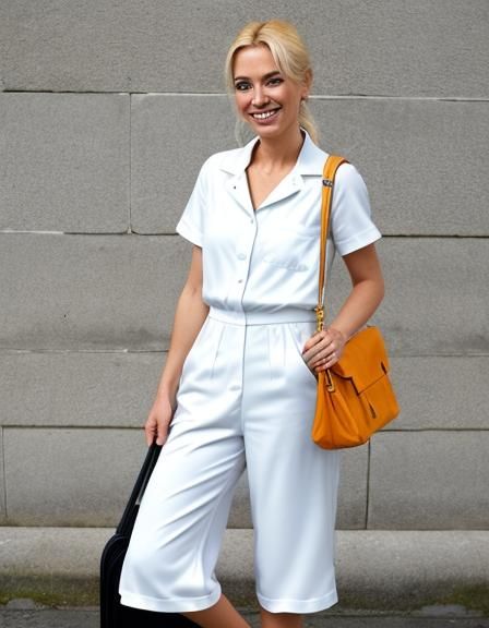 Smiling Woman Commutes to Work in Chic Jumpsuit