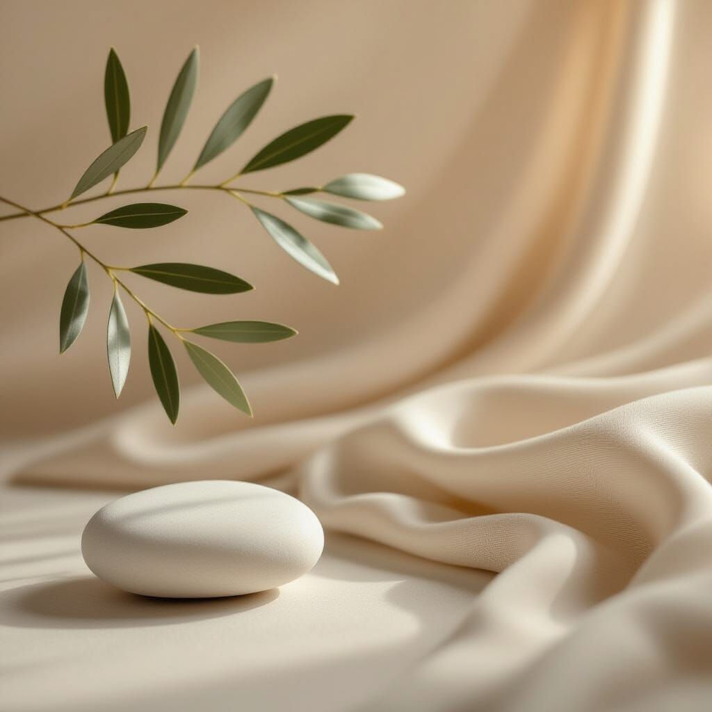 Minimalist Spiritual Background with Olive Leaves and Stone