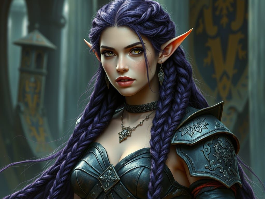 Elf Woman with Purple Hair in Art Nouveau Style