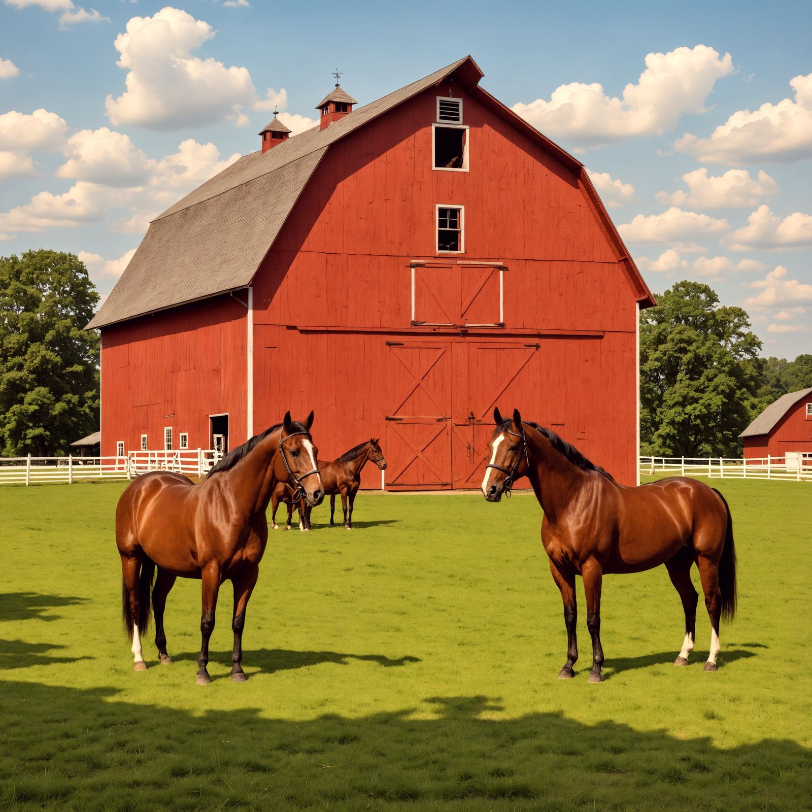 Racing Horses Gather at a Red Rural Barn