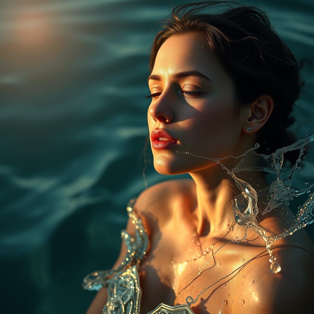 A Hyperrealistic Woman Made Entirely of Water in Low Sunligh...