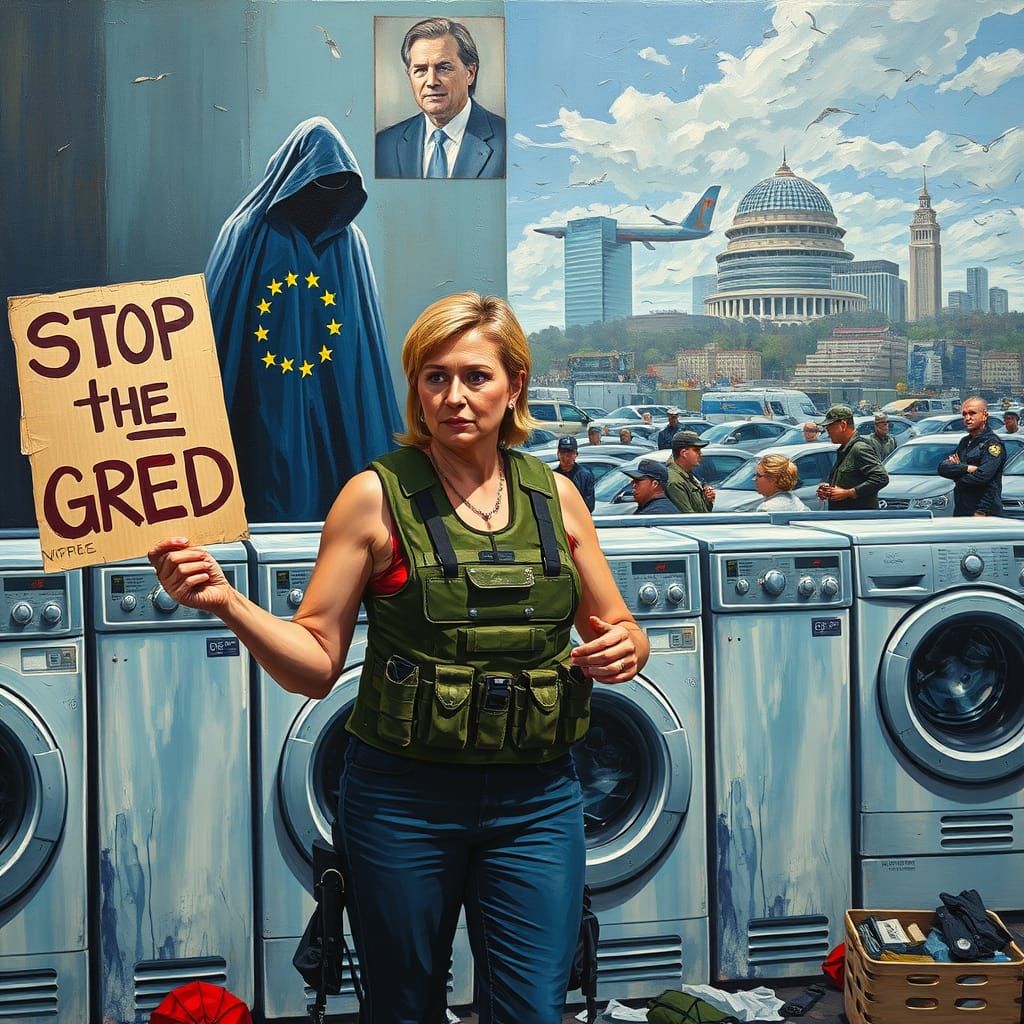 Woman Challenges War and Greed in a Juxtaposition of Domesti...