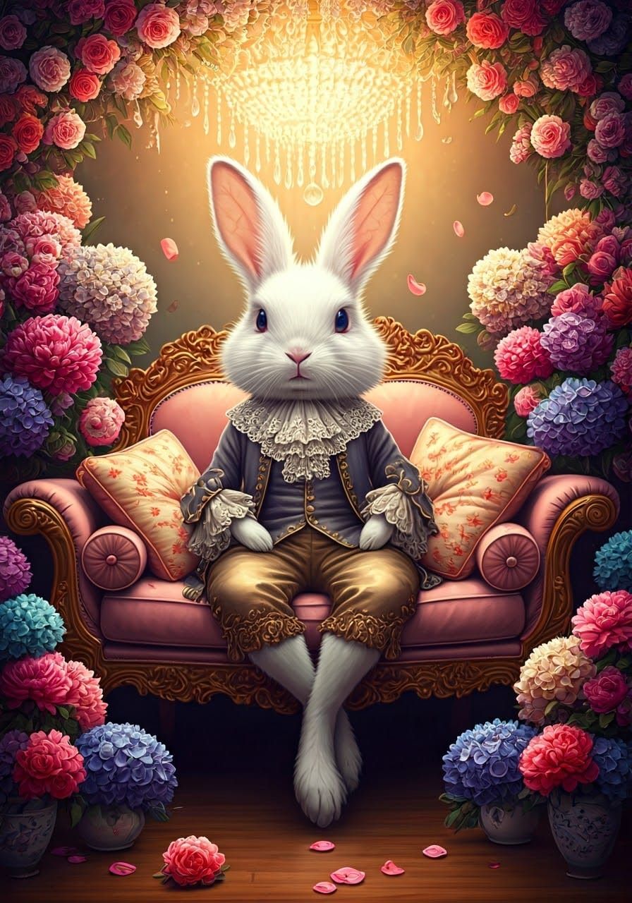 Baroque Furry Rabbit in Whimsical Floral Paradise
