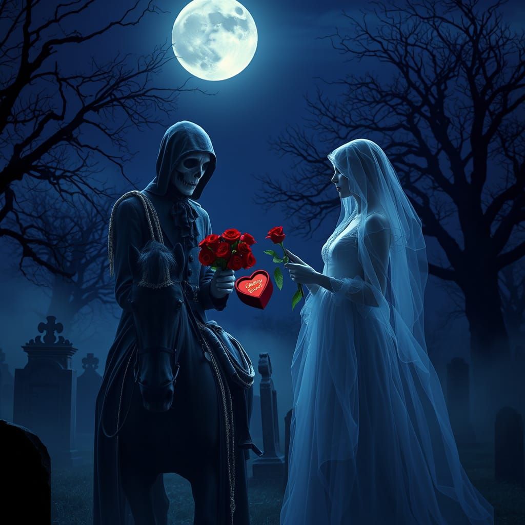 Victorian Headless Horseman Offers Roses to Ethereal Ghost