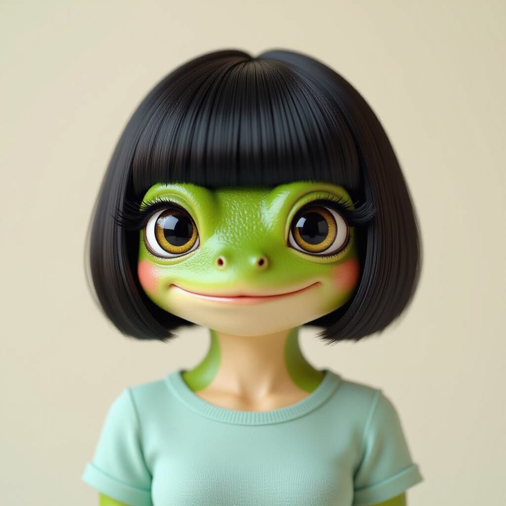 Quirky Frog Girl With Bob Haircut in Cinematic Style