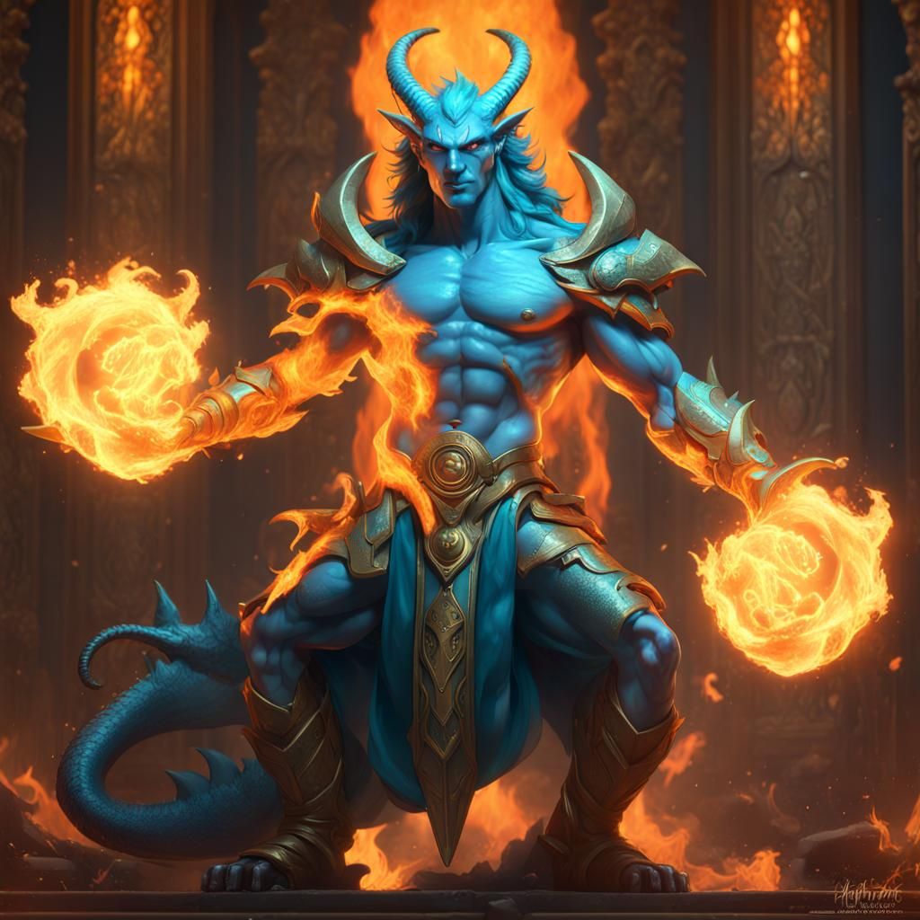 Dragon Male Plays with Fire in Vibrant Triadic Colors
