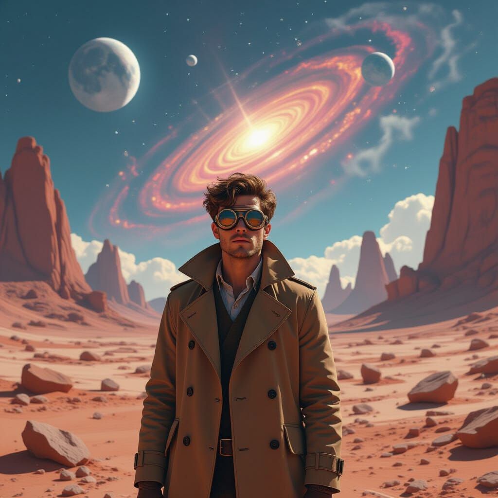 Time Traveler on Alien World in Hyperrealistic Style