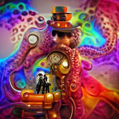 Steampunk Dreamscape: Doctor and Octopus in Vibrant Psychede...