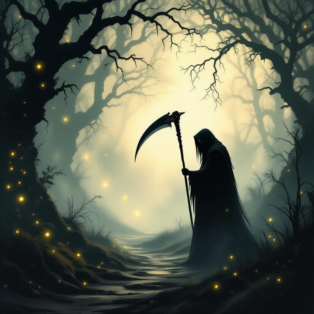 Grim Reaper in Misty Forest, Magical Realism Style
