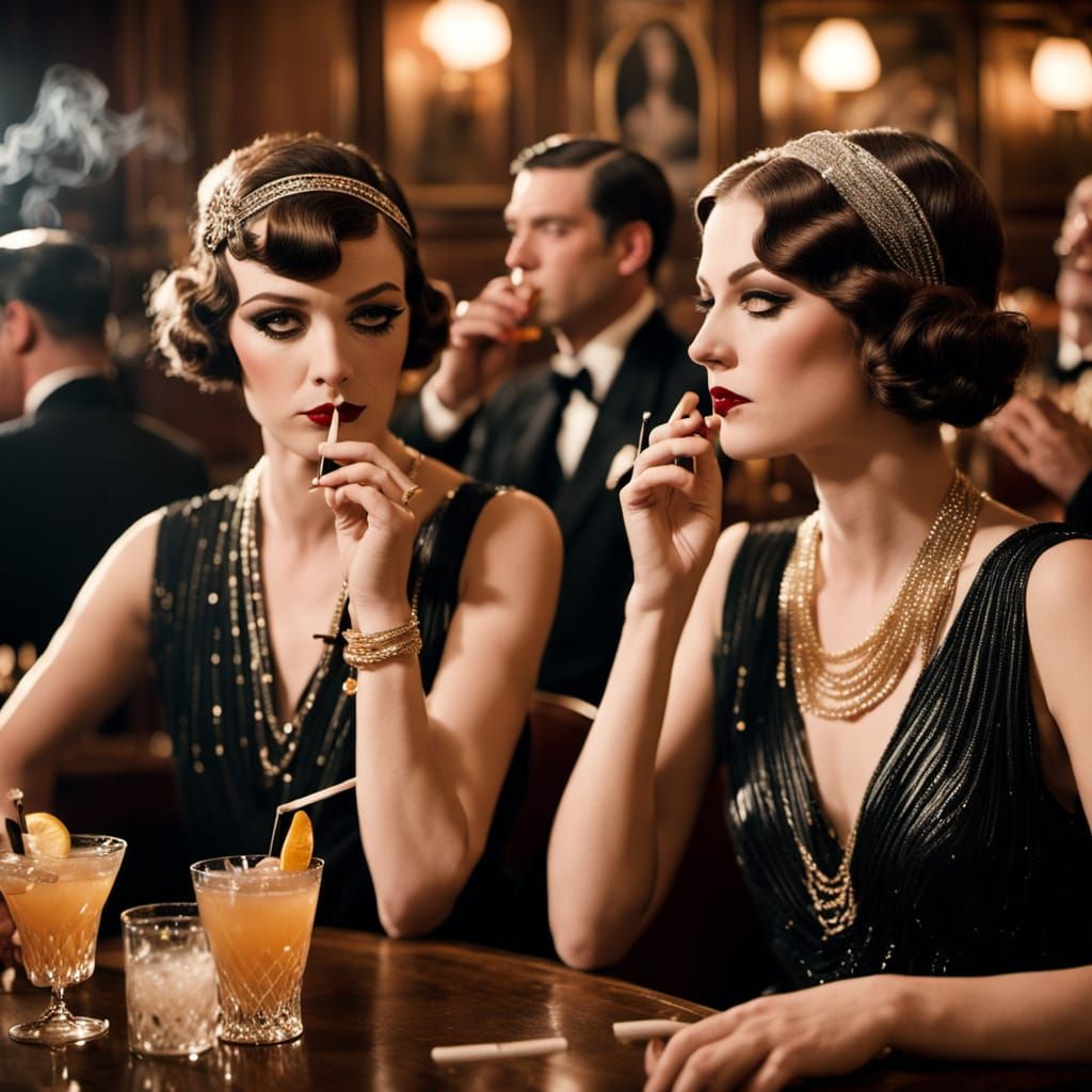 Art Deco Characters Sipping Cocktails in Smoky Room