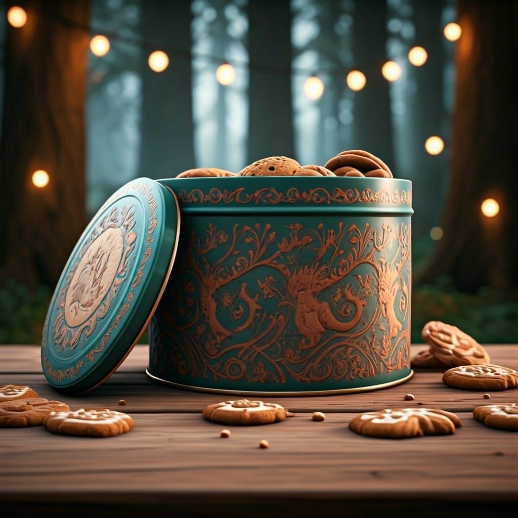 Gilded Cookie Tin Amidst Whimsical Forest Scene