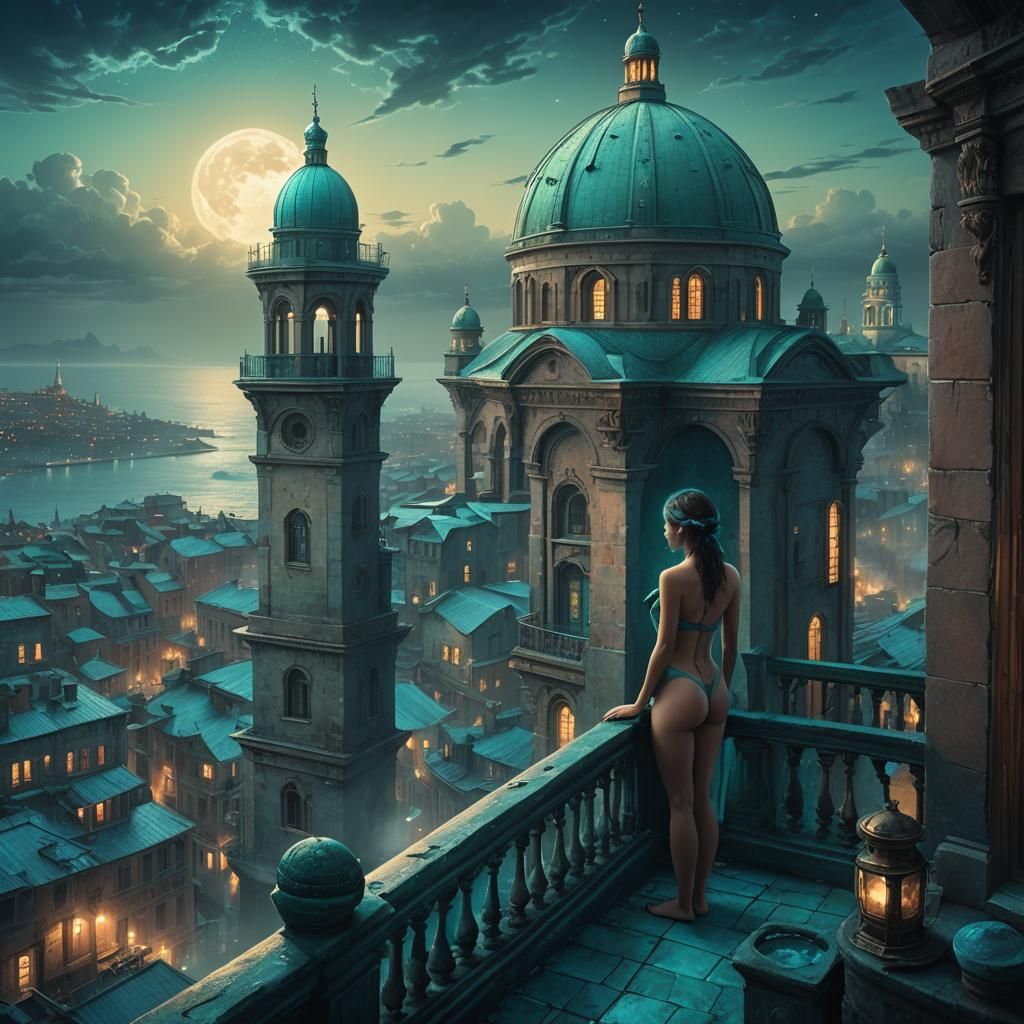 Naked Figure in Dreamlike Cityscape Illuminated by Turquoise...