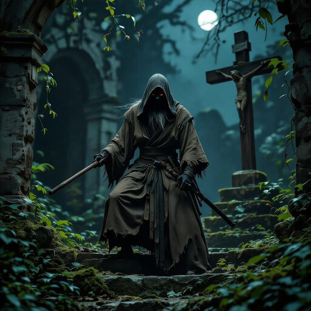 Ancient Ninja Guardian of Decayed Abbey Ruins
