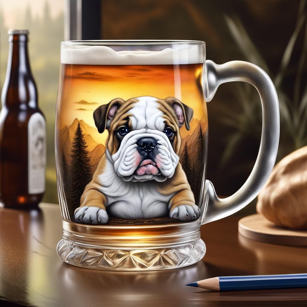 Hyperrealistic Beer Mug with English Bulldog Scene in Art No...