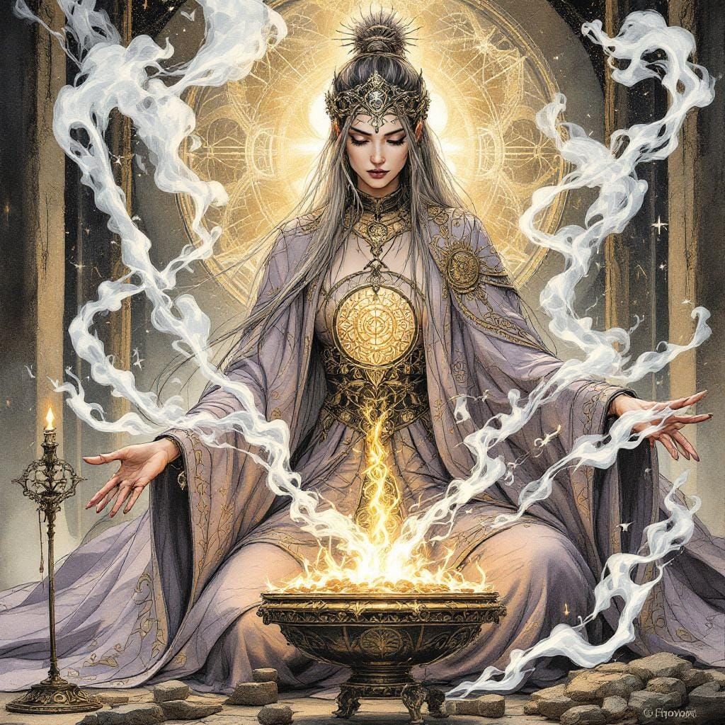 Aasimar Alchemist with Incense, Ink Drawing Style