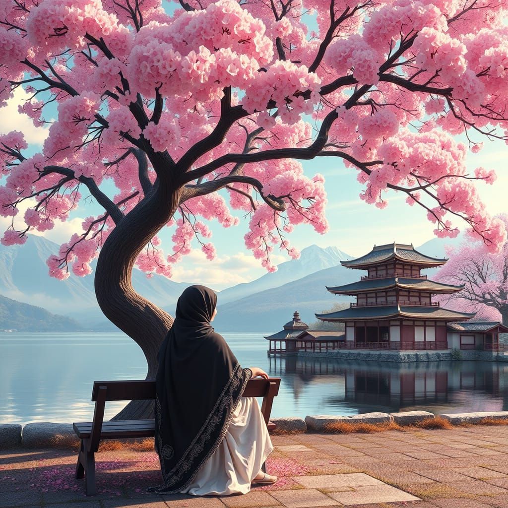 Arab Woman Sitting Under Sakura Tree in Japanese Landscape w...