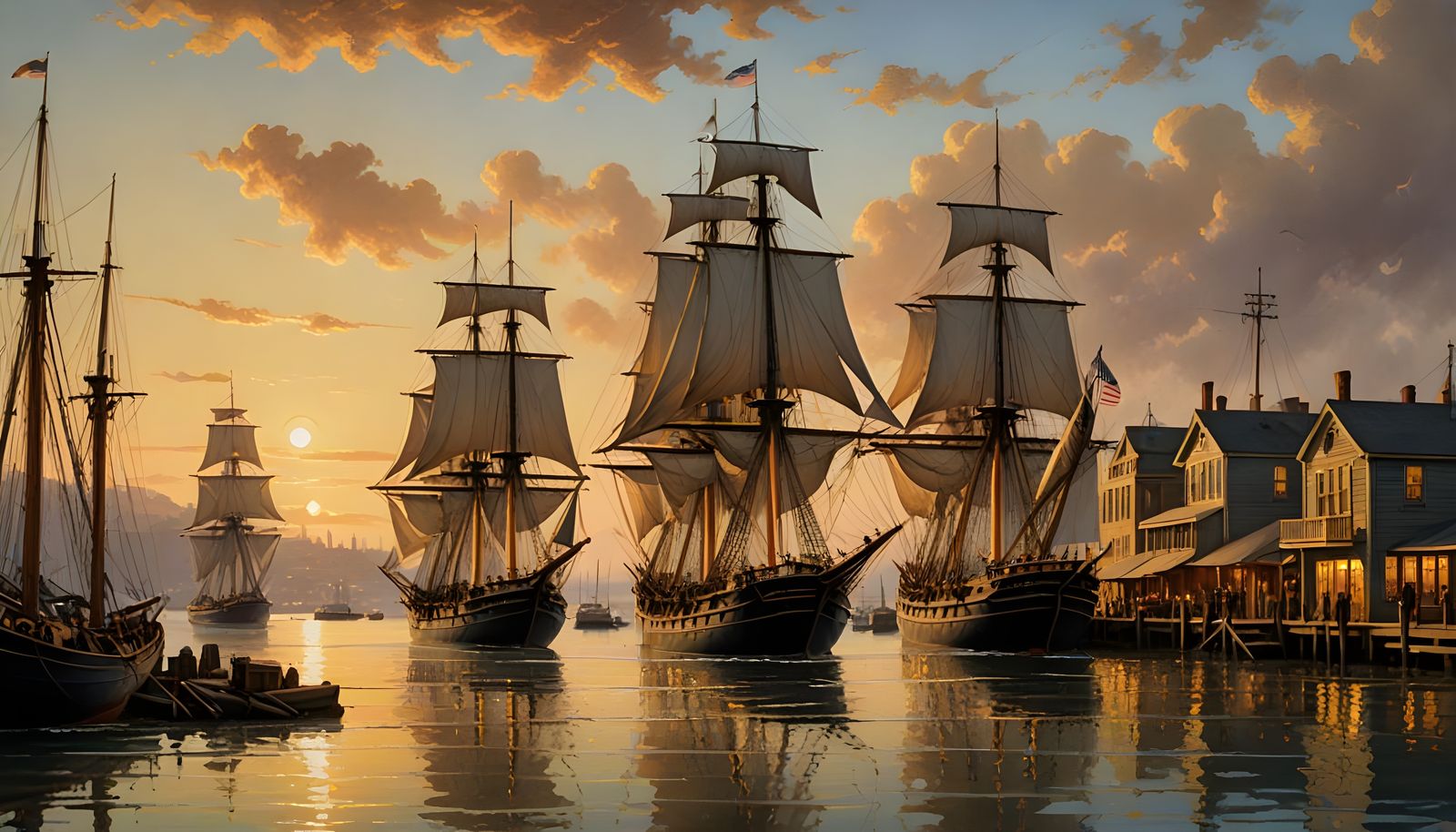 Majestic Clipper Ships in Bustling San Francisco Harbor