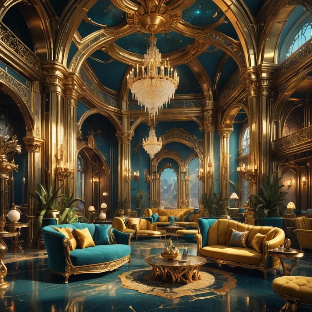 Ethereal Gold Beryl Oasis in Deep Fantasy Landscape