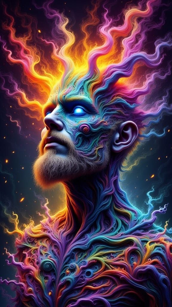 Fractal Faced Man with Rainbow Flames, Hyperdetailed Portrai...