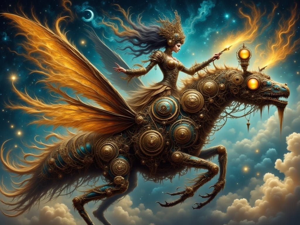 Steampunk Queen Rides Armored Insect in Alien Sky