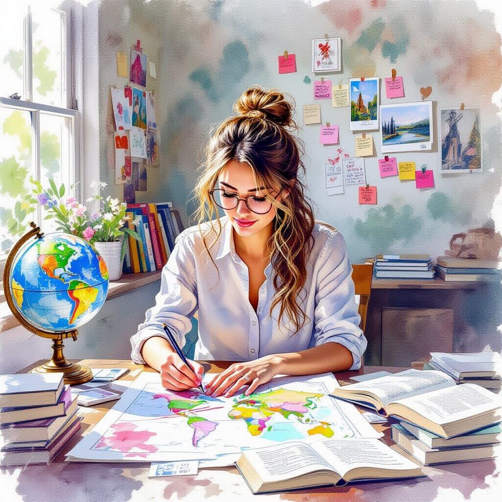 Woman Drawing on Map in Watercolor Style