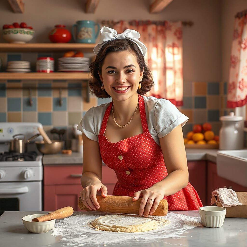 Happy 1950s Homemaker in a Vibrant Kitchen
