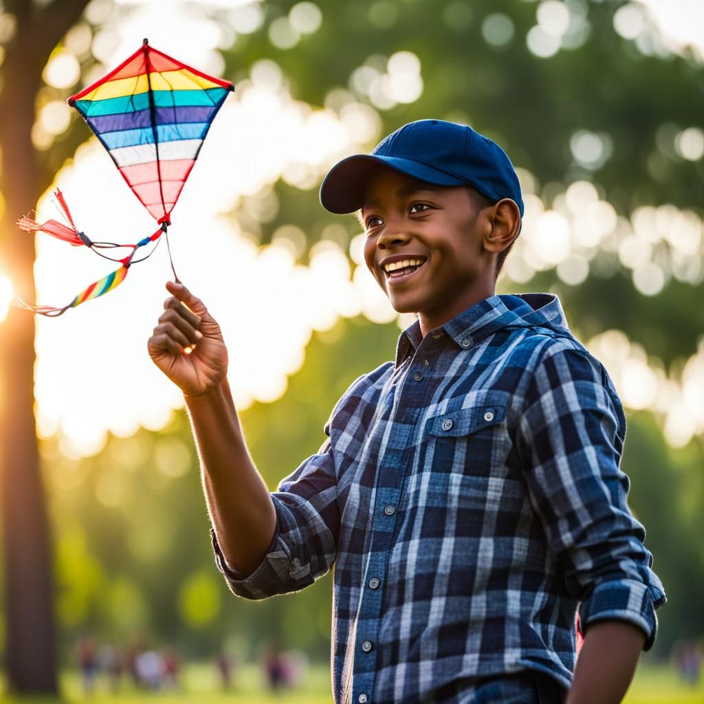 Boy Soars Through Sunny Day in Serene Park Landscape