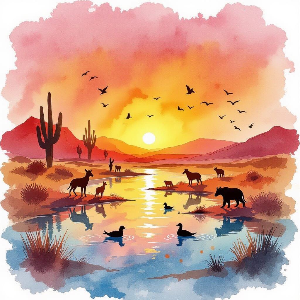 Vibrant Desert Life in Watercolor Ink Splatter Style