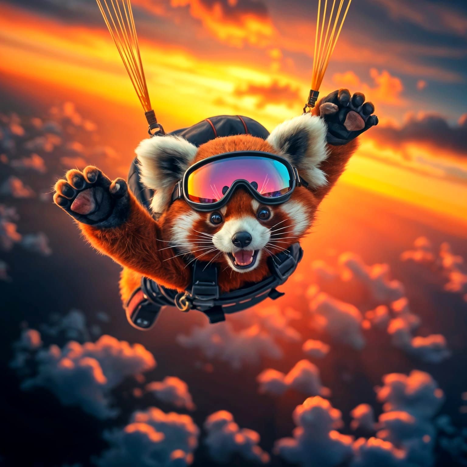 Adorable Red Panda Skydiver in Vibrant Sunset