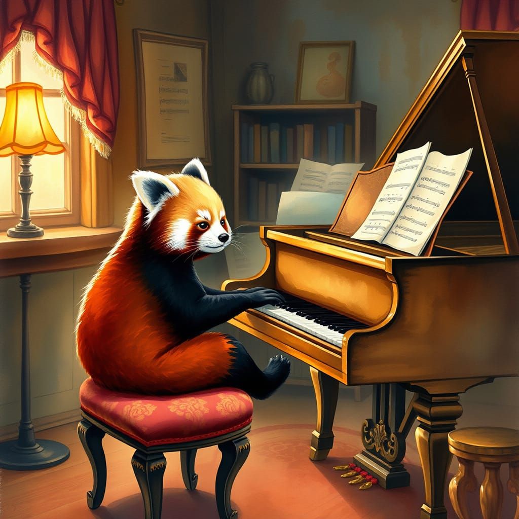 Whimsical Red Panda Plays Antique Piano in Cozy Music Room