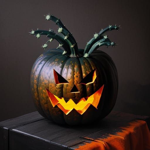 Scary Cactus Pumpkin Halloween Art