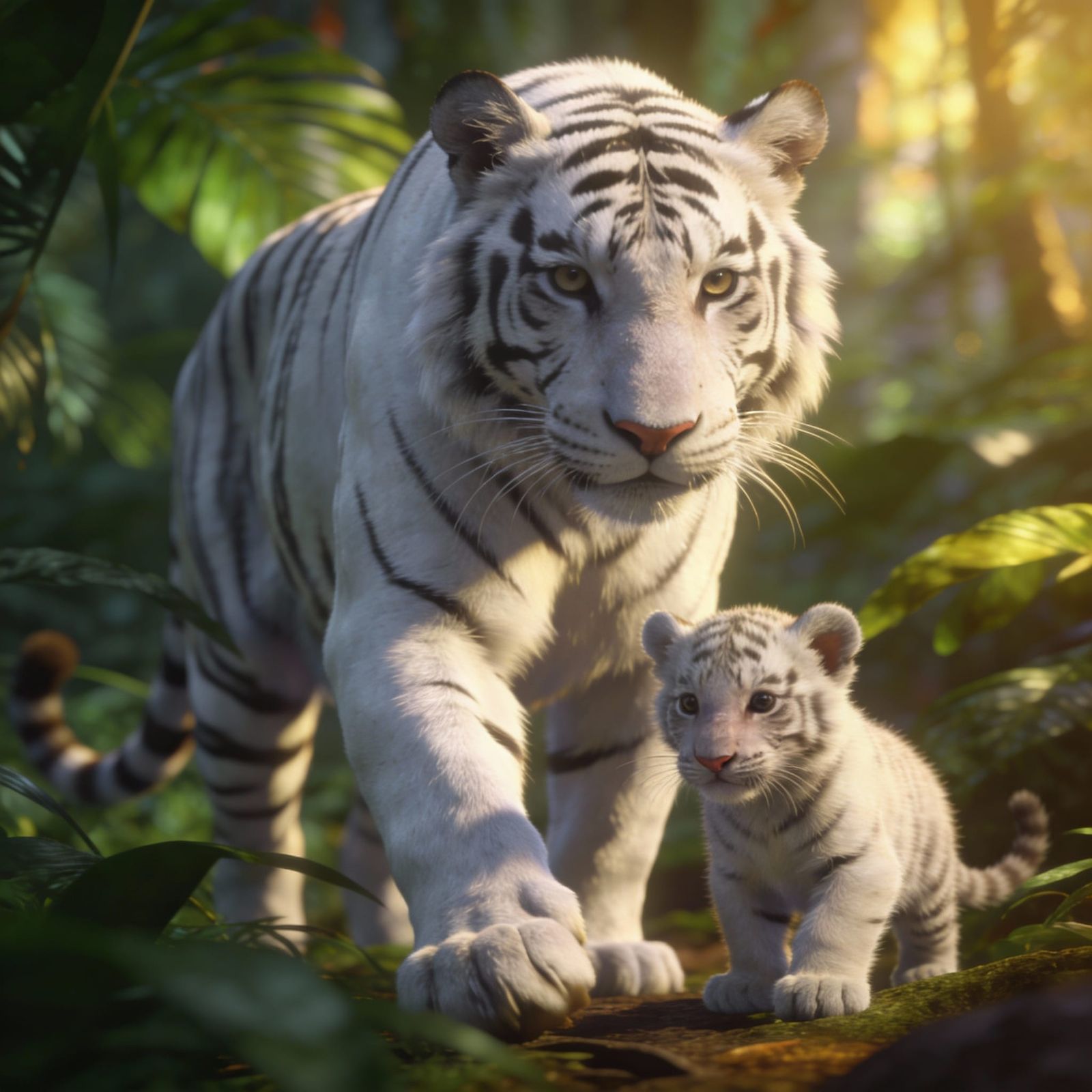 White Tiger Mother and Kitten in Lush Jungle Landscape