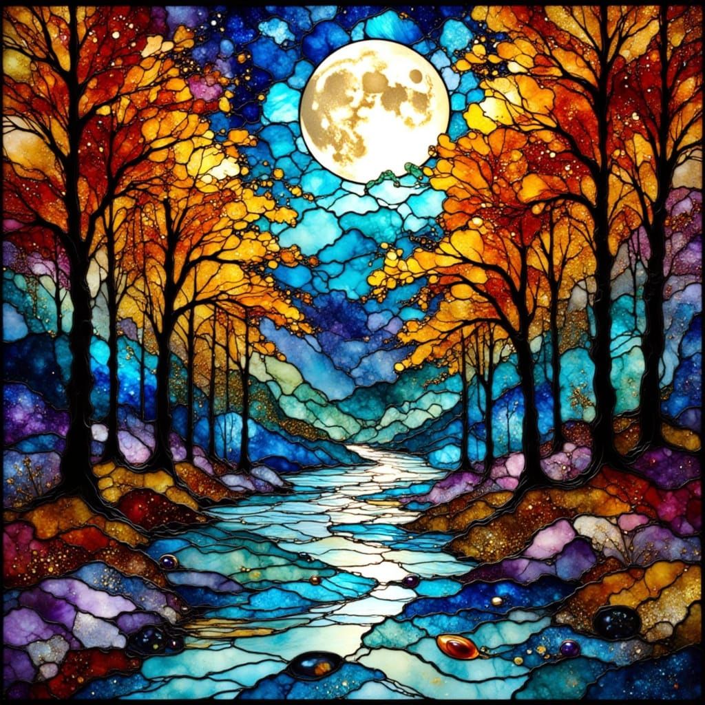 Luminous Stained Glass Autumn Landscape Under Moonlight