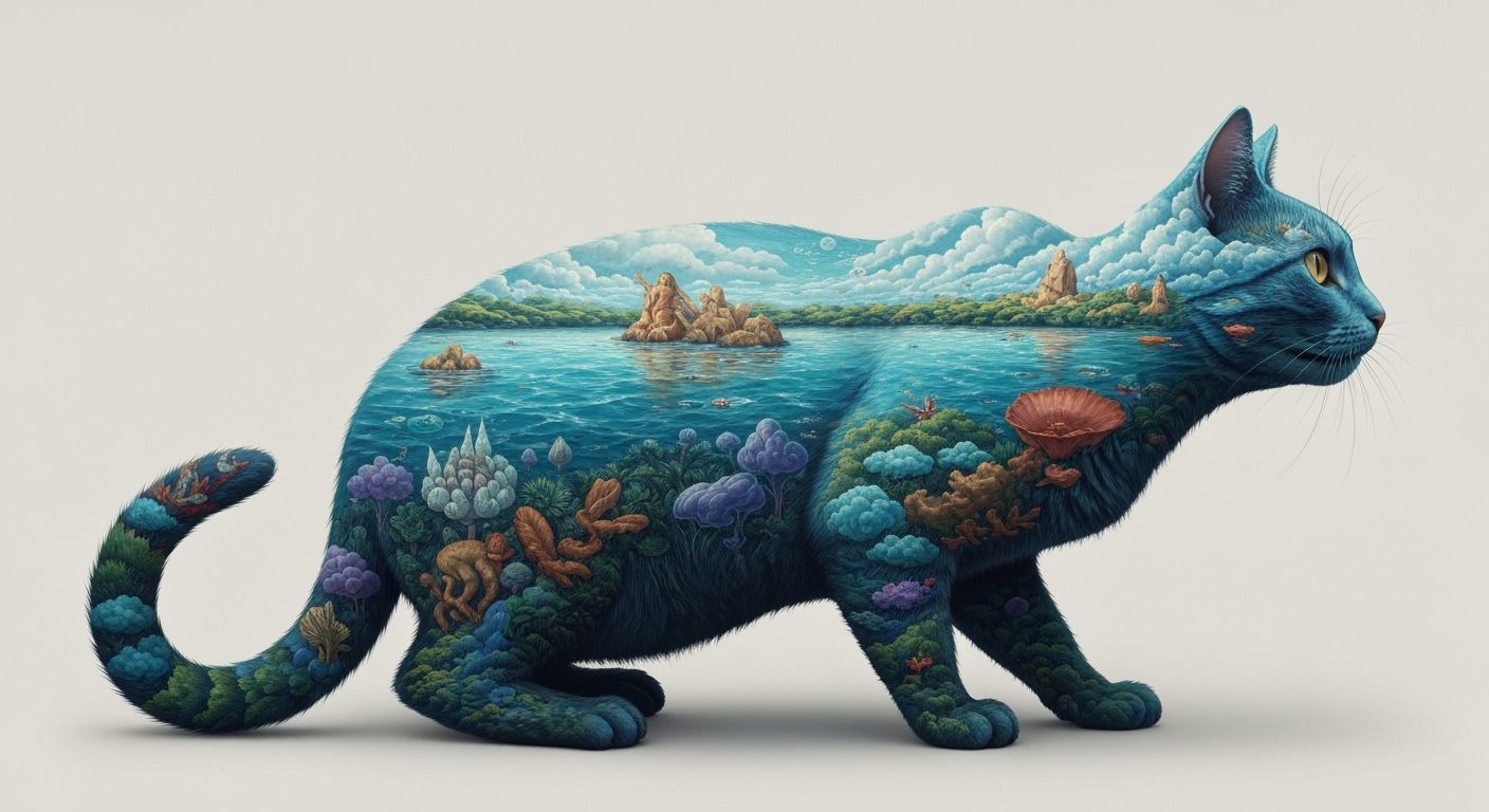 Surreal Cat Mindscape Double Exposure Concept Art