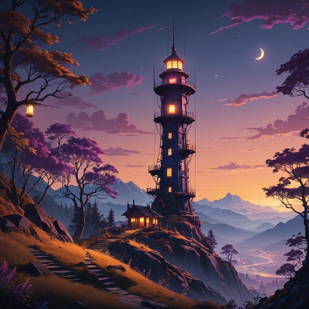 Ethereal Fantasy Tower Illuminated at Night