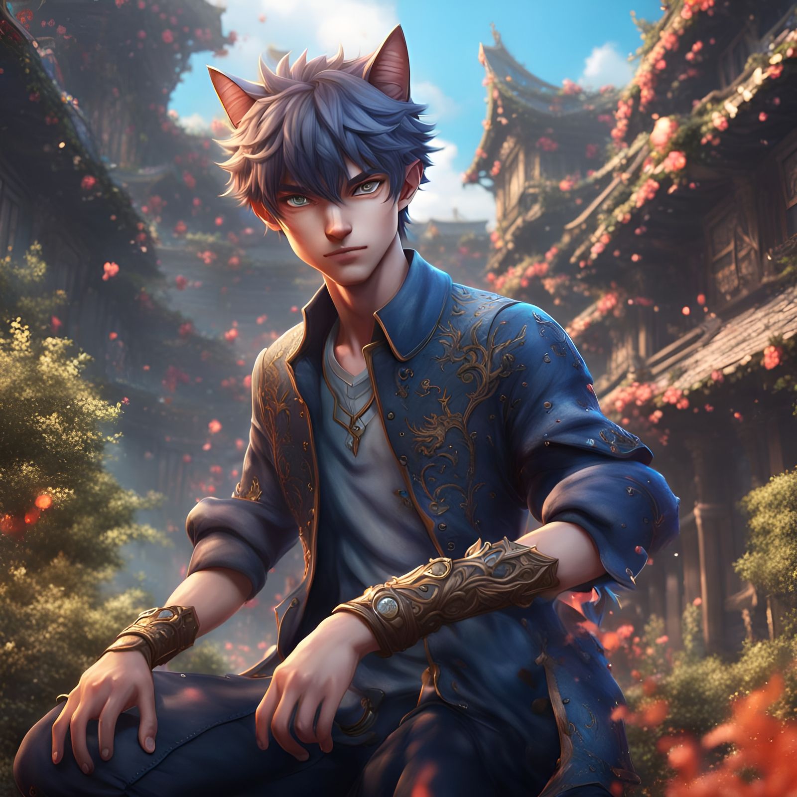 Epic Half Feline, Half Human Anime Male in Vibrant Fantasy W...