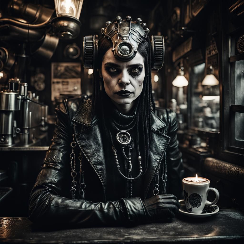 Surreal Goth Fashion Model Amid Steampunk Machines in H.R. G...