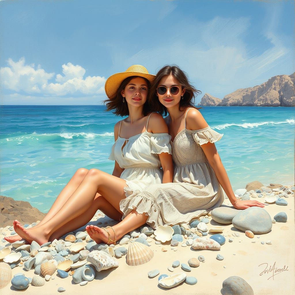 Women Sitting on Beach Sand Inspired by Impressionist Master...