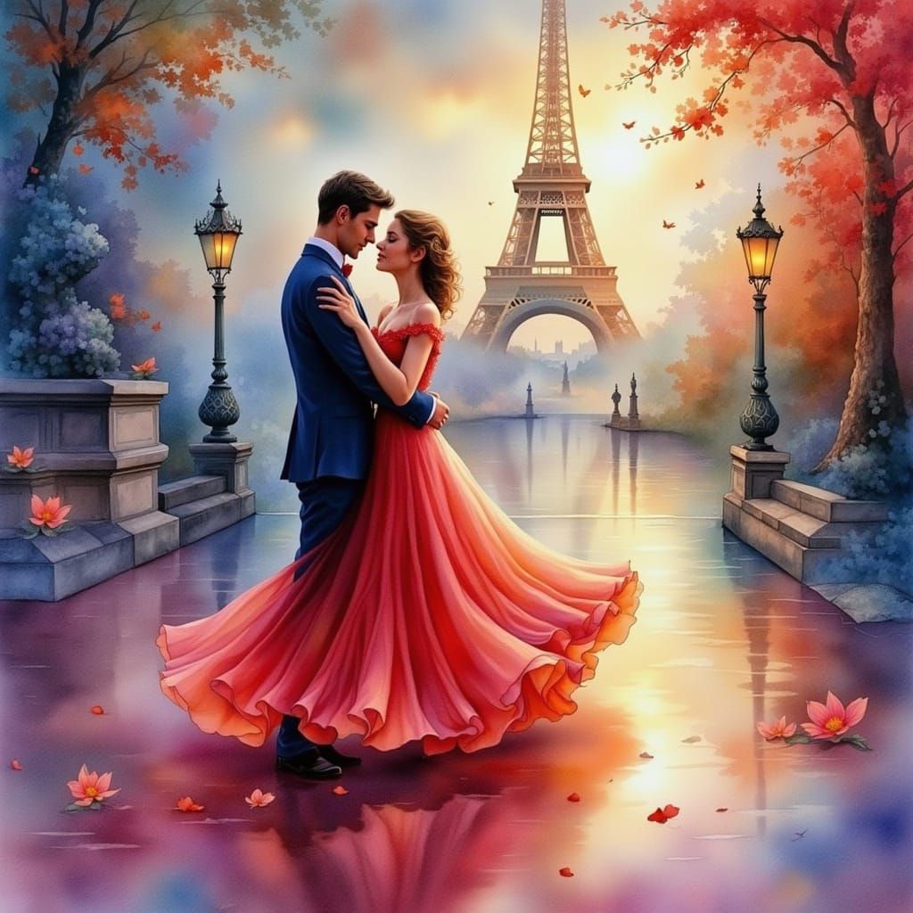 Romantic Watercolor: Couple Dancing in Paris