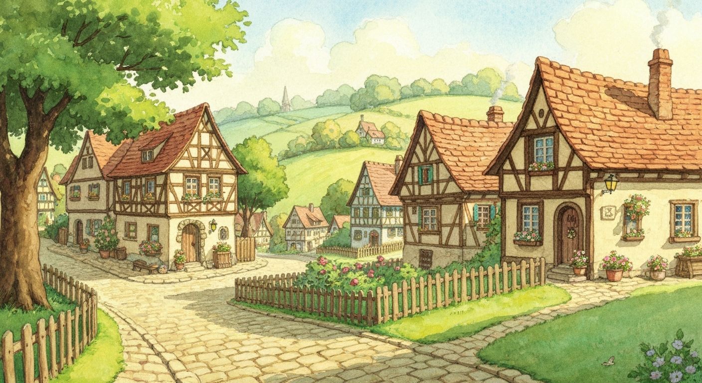 Charming Watercolor European Village at Golden Hour