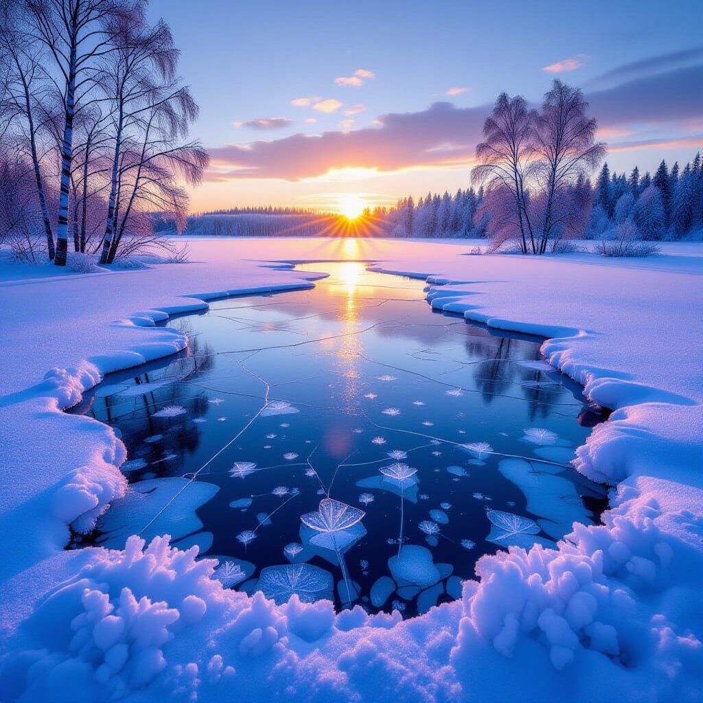 Frozen Lake Sunrise: Crystal Ice Patterns and Winter Light