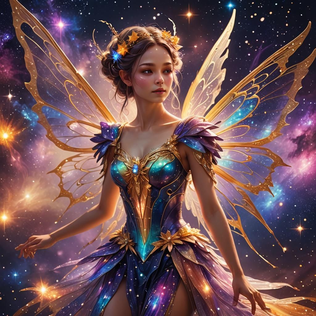 Ethereal Galaxy Fairy with Iridescent Wings and Nebulae