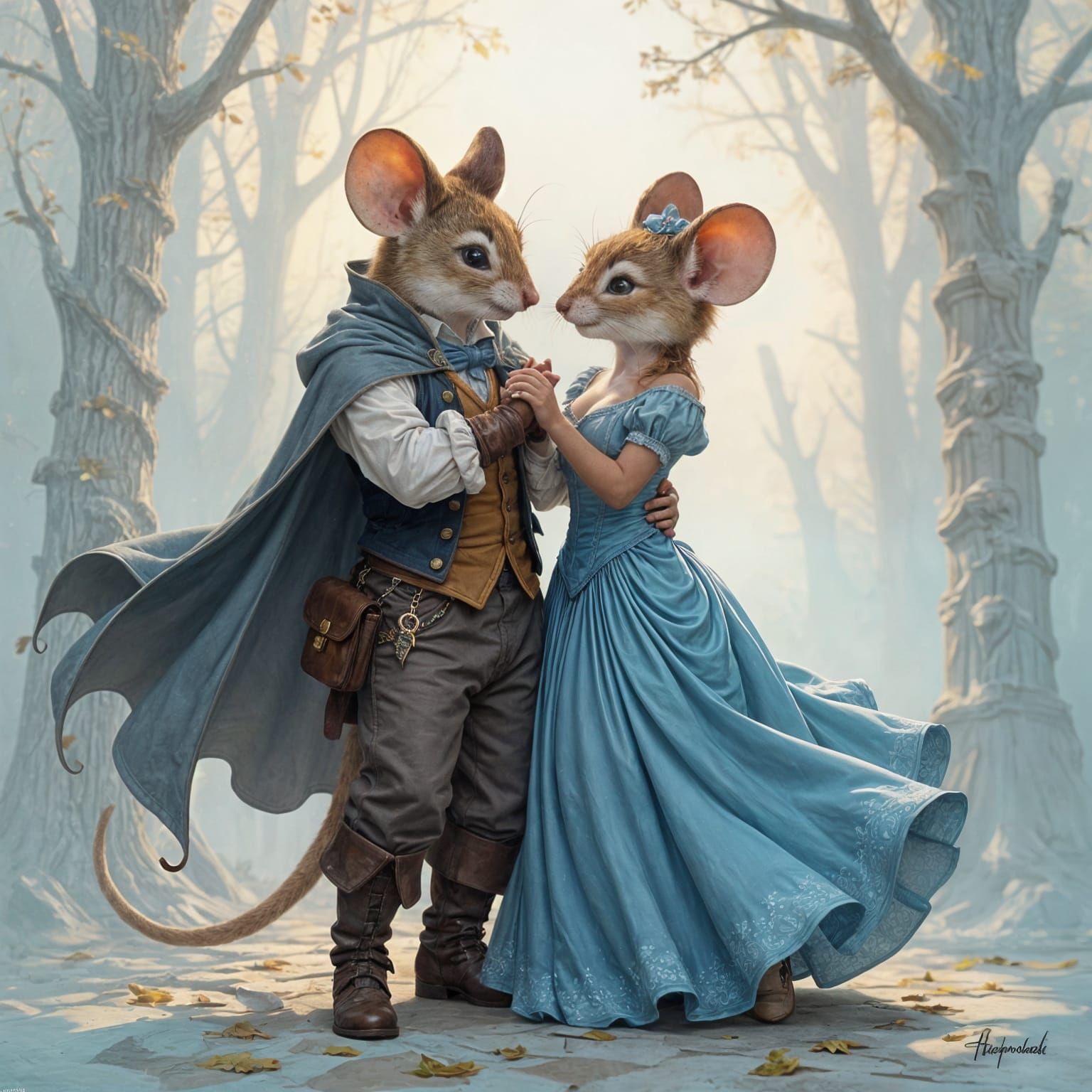 Anthropomorphic Mice Dancing Fiery Tango in Ethereal Fantasy