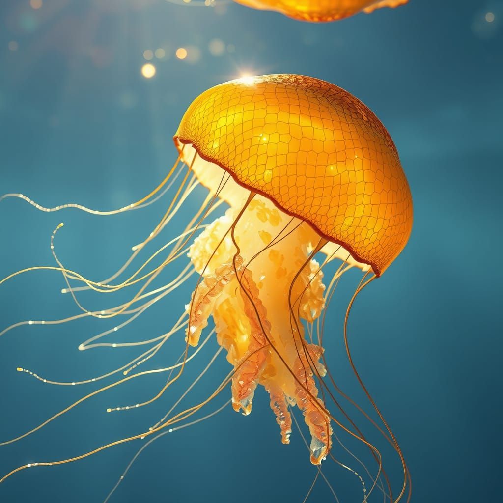 Ethereal Golden Jellyfish in Crystal Clear Ocean