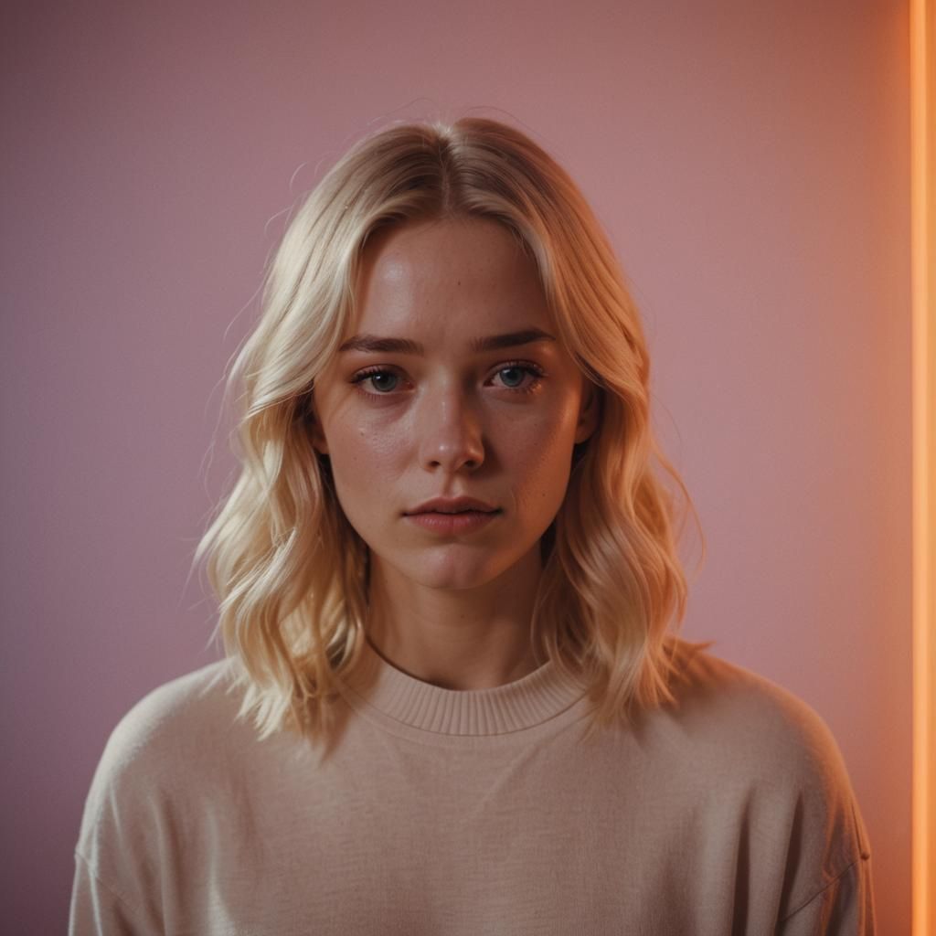 Shy Blonde Woman in Warm Cinematic Glow