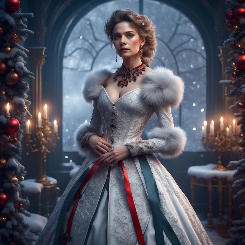 Victorian Christmas Fantasy in Intricately Detailed Red Gown