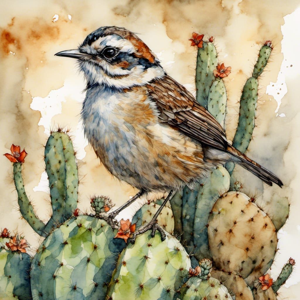 Watercolor Cactus Wren in Desert Landscape