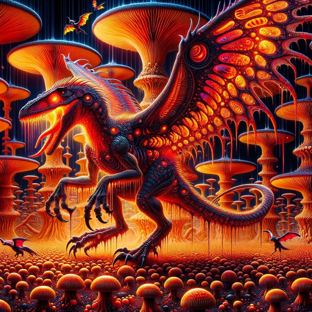 Winged Velociraptor Hybrid in Psychedelic Alien Underworld
